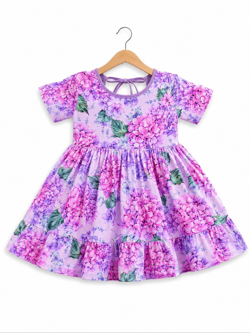 Bums & Roses Lilac Floral Hydrangea Kids Dress  Short Sleeve & Short